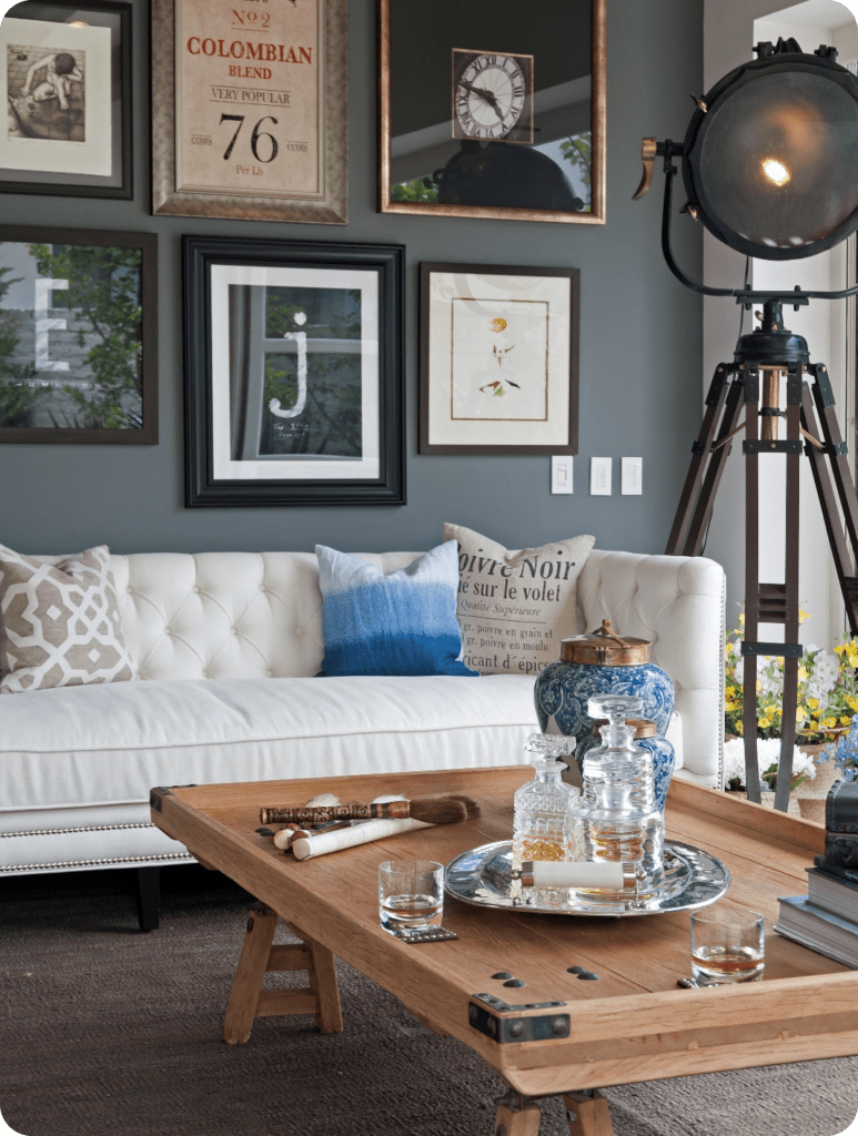 white couch with brown table